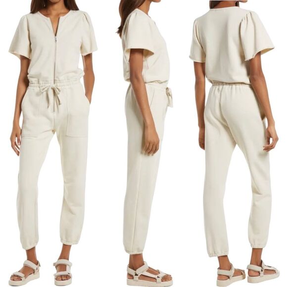 Rebecca Minkoff Mila Zip Front Short Sleeve Cream Cotton Jumpsuit Size Medium - Picture 16 of 16